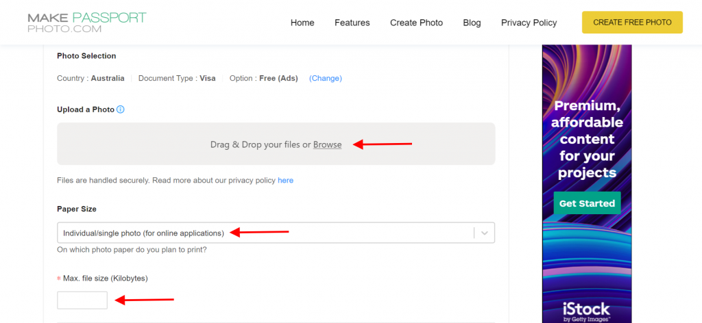 upload and select file photo file size